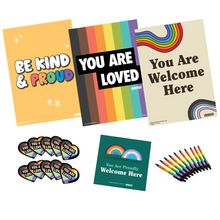 Load image into Gallery viewer, Classroom LGBTQIA+ Inclusion Starter Pack Minus18 - three ride posters, rainbow pens, and "you are loved" rainbow stickers