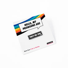Load image into Gallery viewer, Black enamel pronoun pin they/he/she on white backing card LGBTQIA+ shop