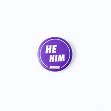 Load image into Gallery viewer, purple he him pronoun badge minus18