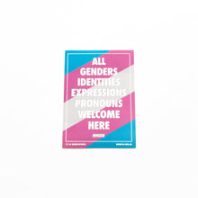 Load image into Gallery viewer, All Genders Welcome trans sticker Minus18