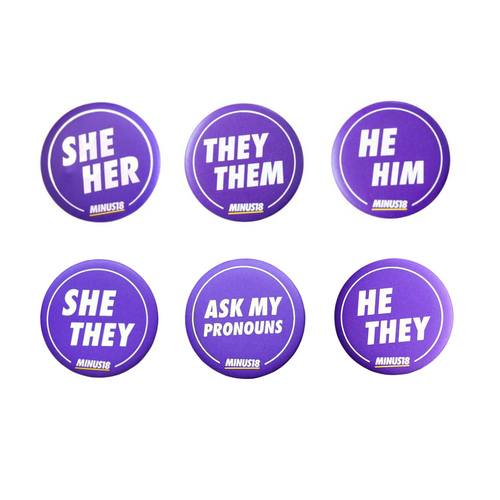 purple pronoun badges she/her, they/them, he/him, she/they, he/they, ask my pronouns