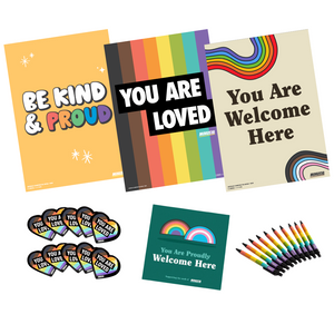 Classroom LGBTQIA+ Inclusion Starter Pack Minus18 - three ride posters, rainbow pens, and "you are loved" rainbow stickers