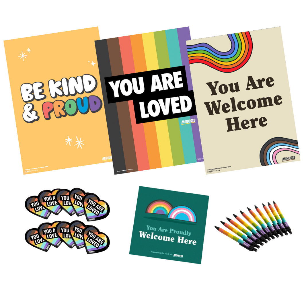 Classroom LGBTQIA+ Inclusion Starter Pack Minus18 - three ride posters, rainbow pens, and 