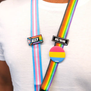 progress pride lanyard pronoun pin ally pin