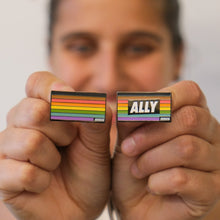 Load image into Gallery viewer, rainbow enamel pin black and brown stripe, rainbow ally enamel pin black and brown stripes poc