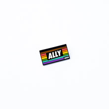 Load image into Gallery viewer, LGBTQIA+ rainbow ally enamel pin with black and brown stripe