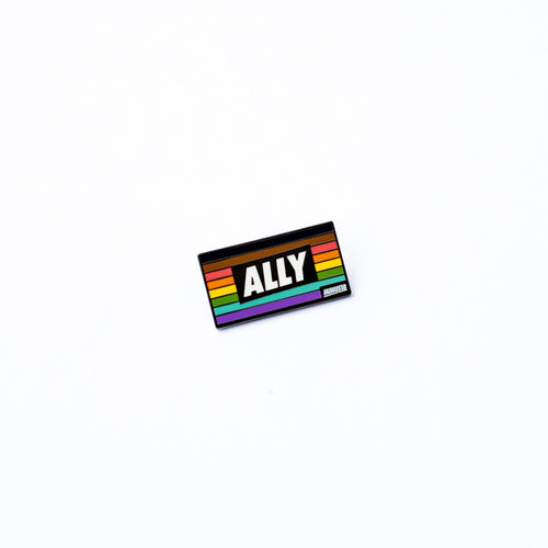 LGBTQIA+ rainbow ally enamel pin with black and brown stripe