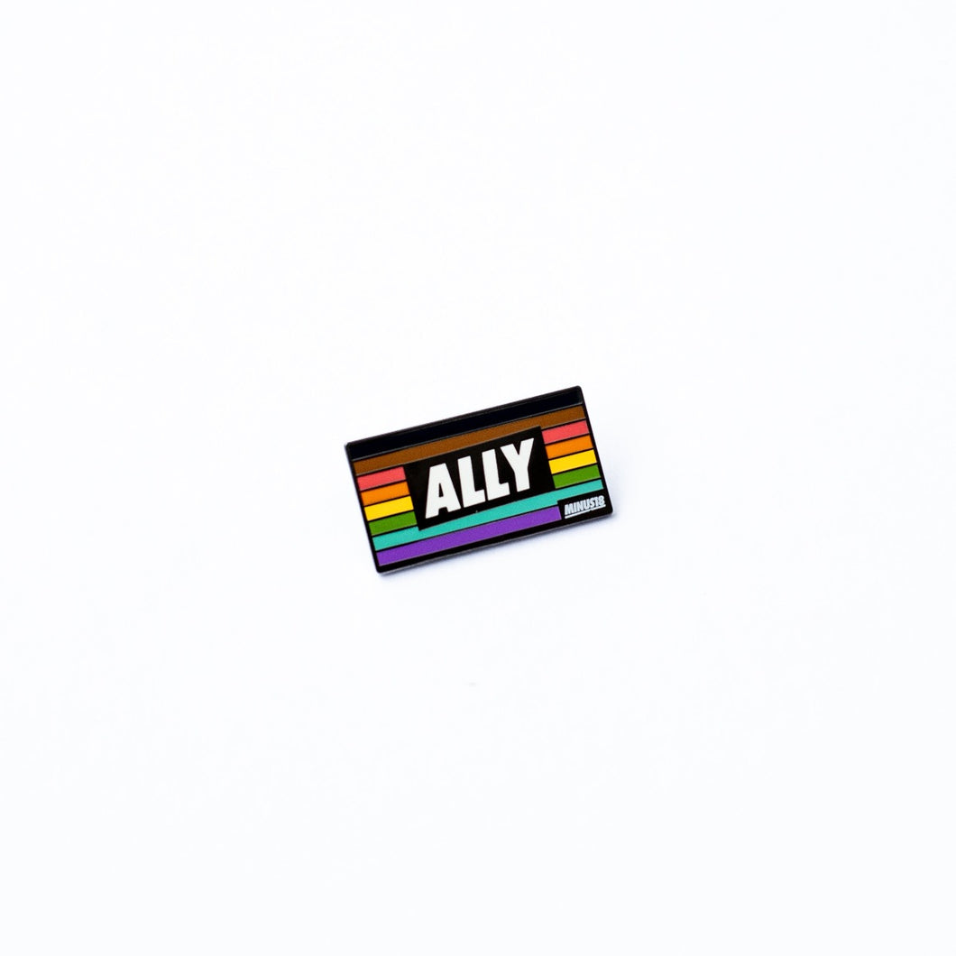 LGBTQIA+ rainbow ally enamel pin with black and brown stripe