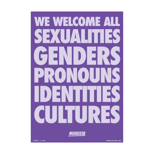 LGBTQIA+ Poster We welcome all sexualities, genders, pronouns, identities, cultures