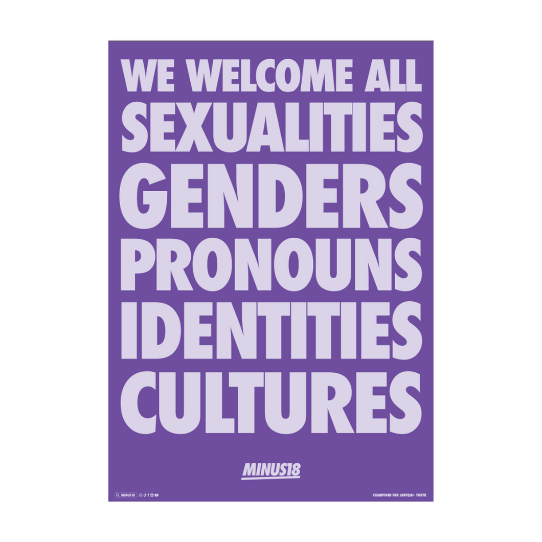 LGBTQIA+ Poster We welcome all sexualities, genders, pronouns, identities, cultures