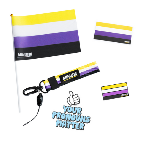 non-binary flag, non-binary sticker, non-binary keyring, non-binary enamel pin combo pack
