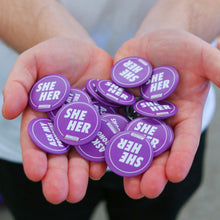 Load image into Gallery viewer, purple pronoun badges she / her