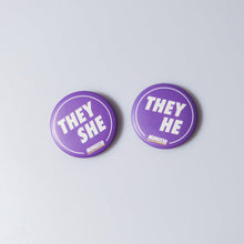 Load image into Gallery viewer, they/she and they/he pronoun badges purple