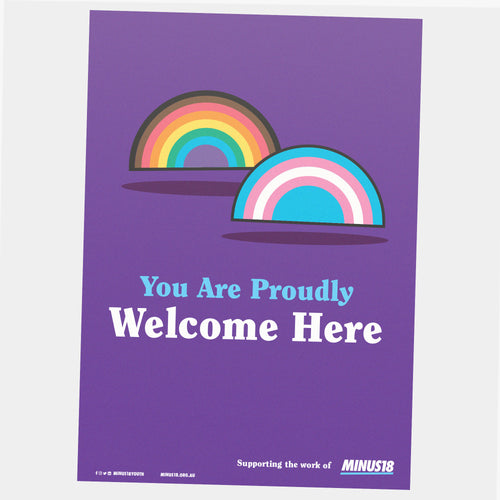 Purple LGBTQIA+ You are proudly welcome here poster rainbow trans