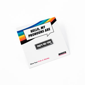 Black enamel pronoun pin they/he/she on white backing card LGBTQIA+ shop