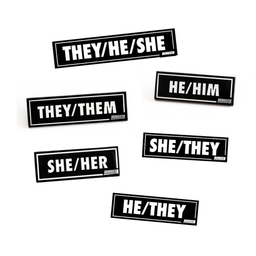 black enamel pronoun pins he/him she/her they/them she/they he/they they/he/she