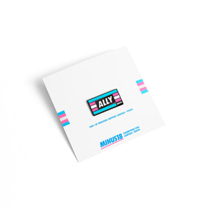 transgender flag ally enamel pin on white backing card Minus18
