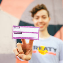 Load image into Gallery viewer, minus18 name and pronoun sticker
