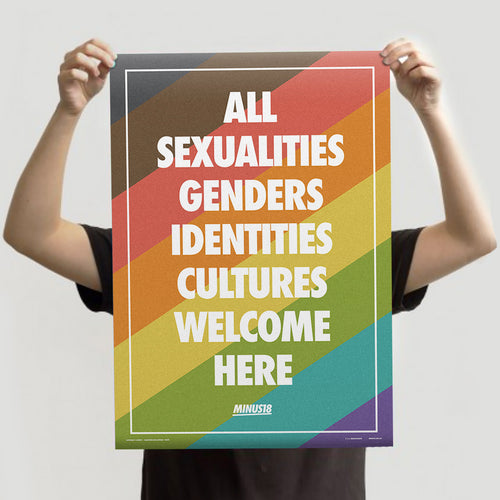 LGBTQIA+ inclusion poster: all sexualities, genders, identities, cultures welcome here