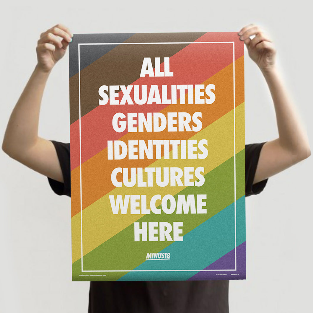LGBTQIA+ inclusion poster: all sexualities, genders, identities, cultures welcome here