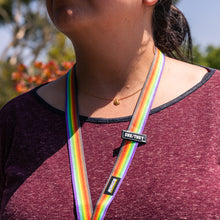 Load image into Gallery viewer, LGBTQIA+ pride rainbow lanyard with black and brown stripe for people of colour