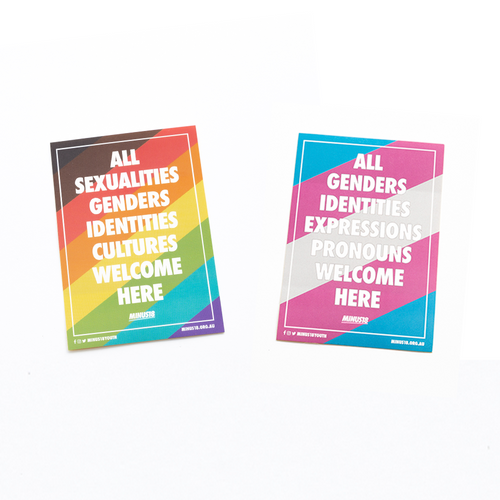 All Welcome Rainbow Trans stickers Minus18